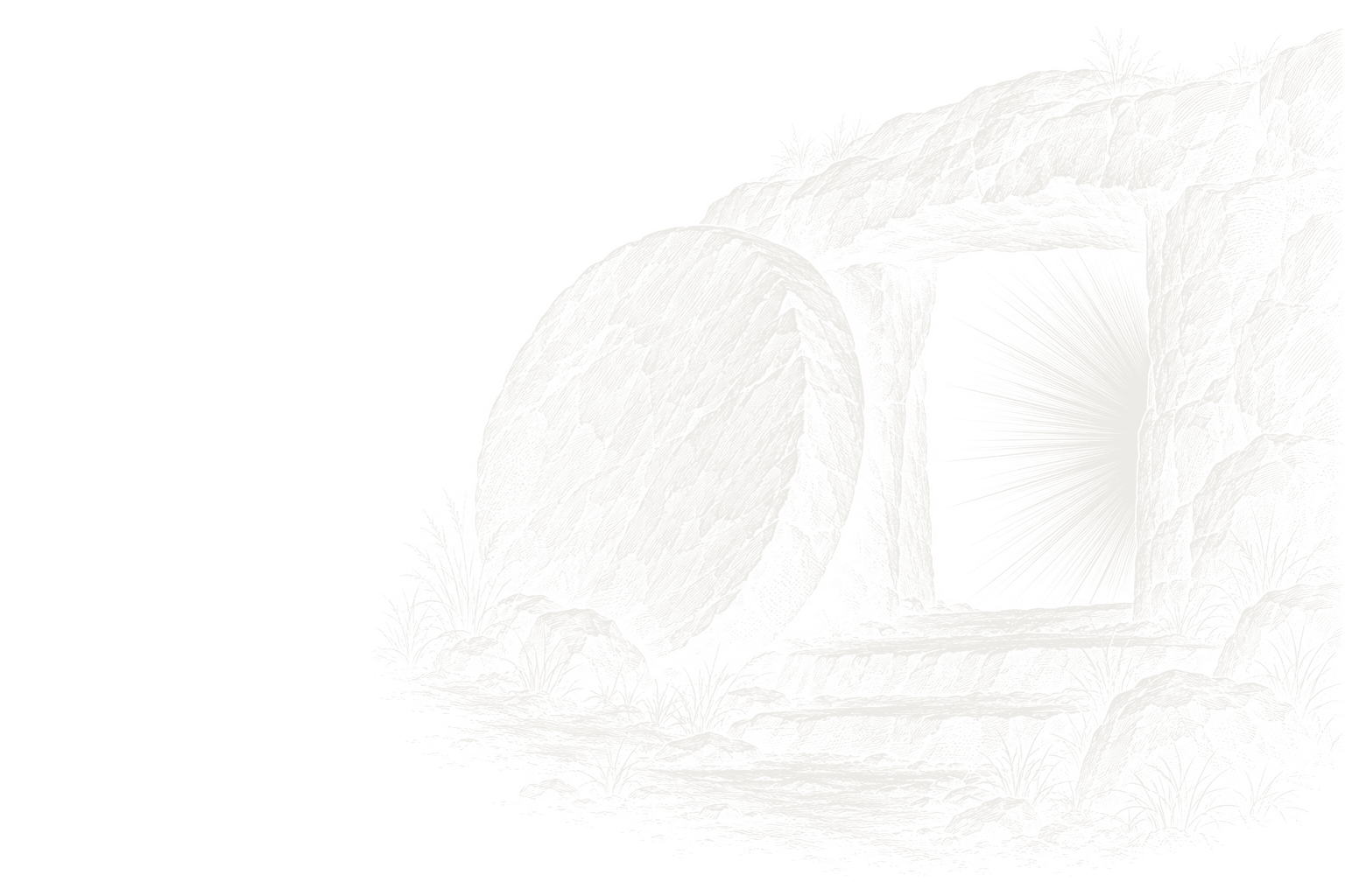 An engraved tomb with its stone rolled away and light pouring out